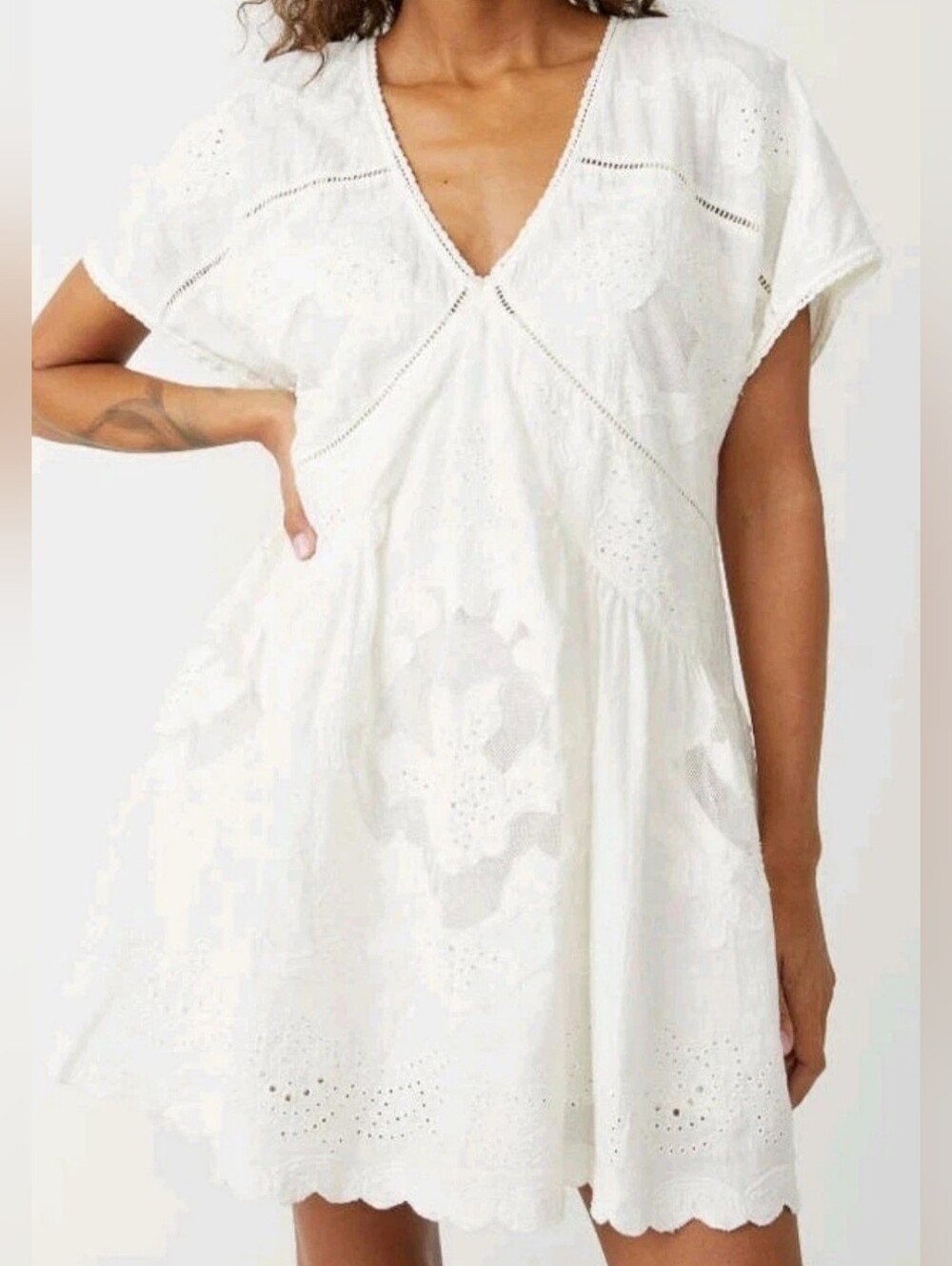 Free People Embroidered White Serenity Mini Dress Cotton Boho Top Sz Medium